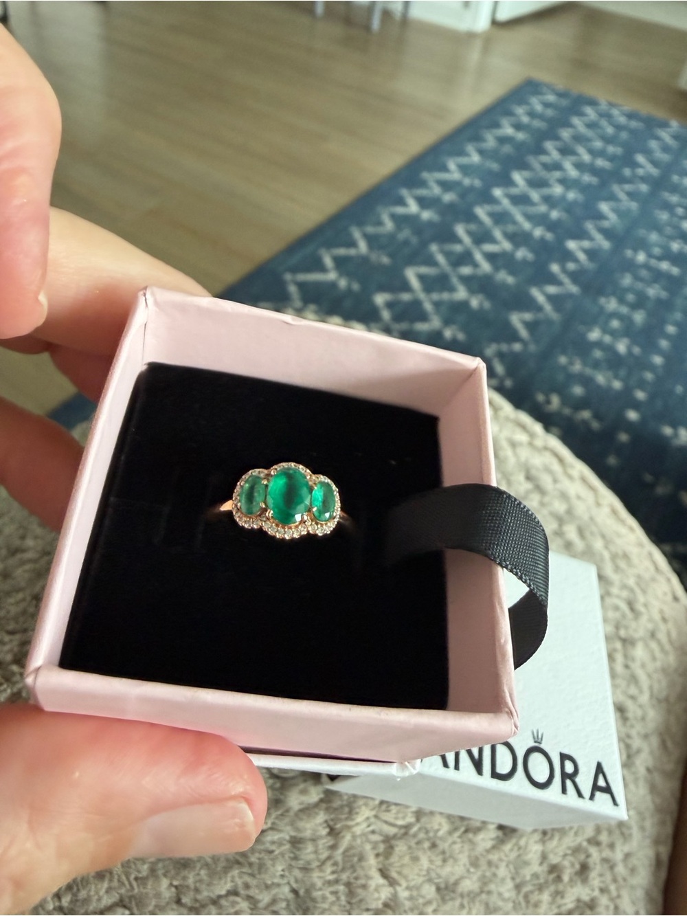 Pandora Rose Gold Ring with Emerald Green Stones and Pavé Accents